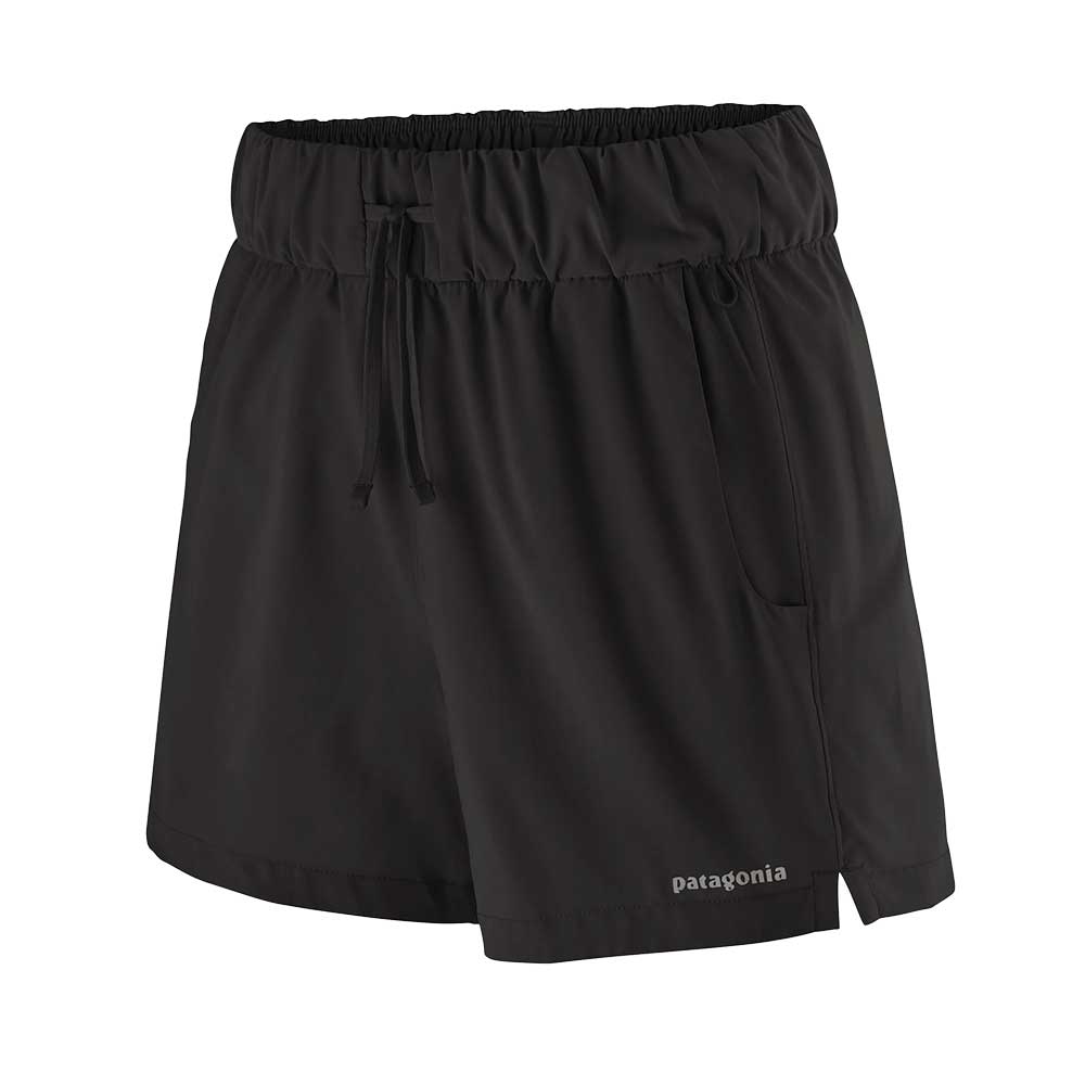 Black athletic shorts with elastic waistband, drawstring, and side pockets