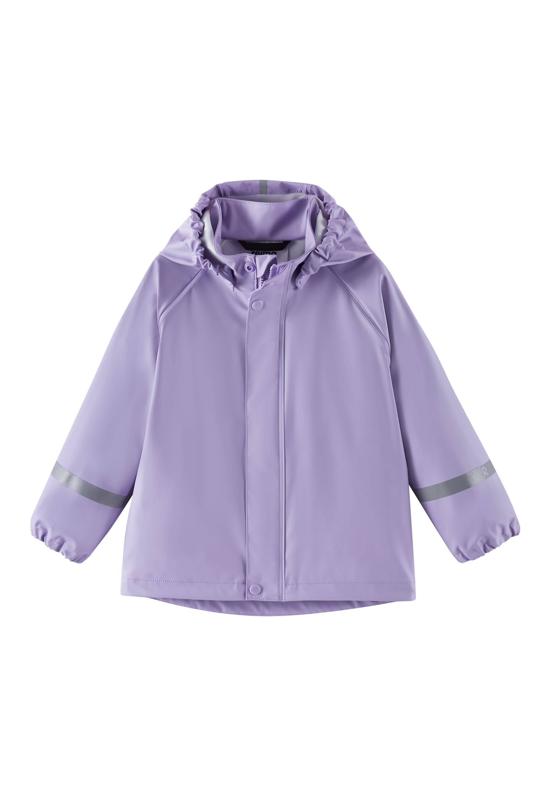 Light purple hooded raincoat with snap buttons and reflective stripes on sleeves