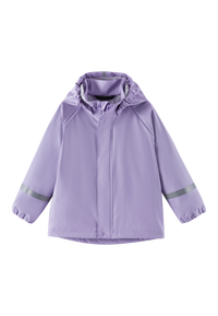 Light purple hooded raincoat with snap buttons and reflective stripes on sleeves
