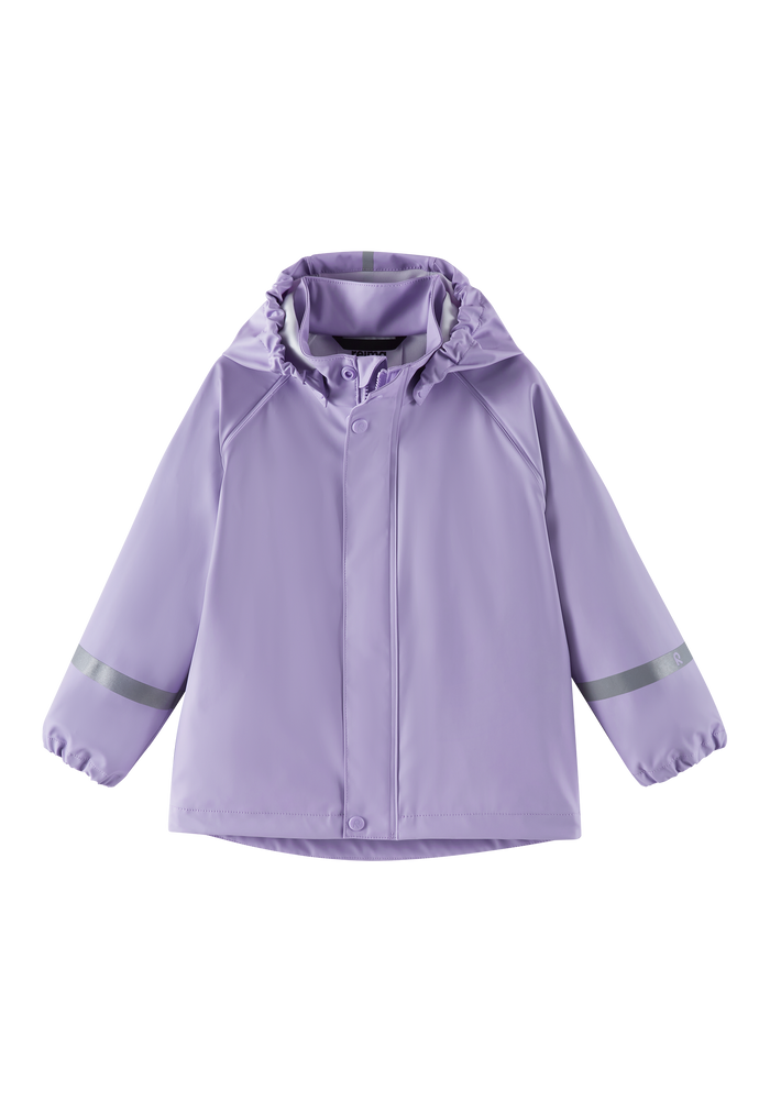 Light purple hooded raincoat with snap buttons and reflective stripes on sleeves