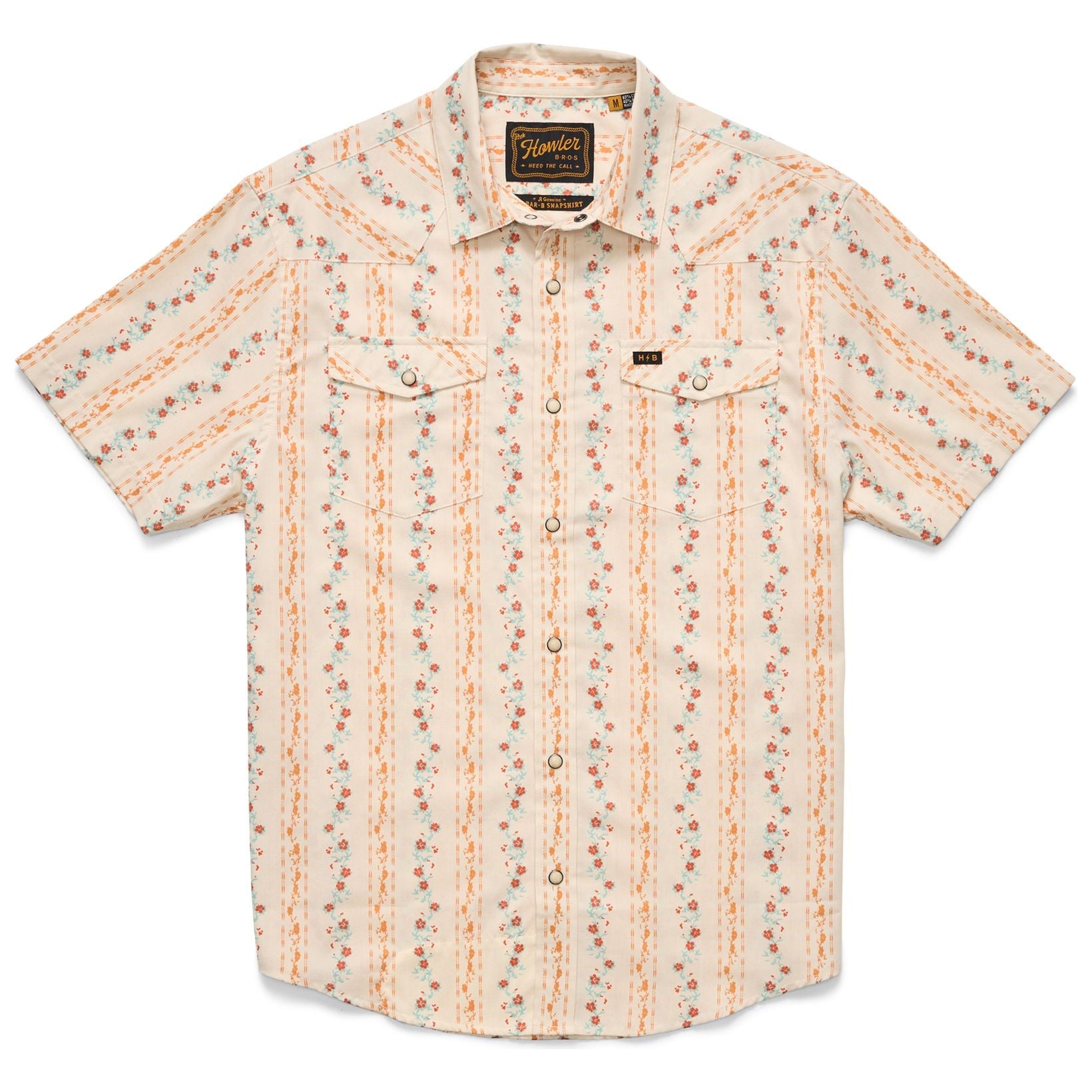 Men's short-sleeve western snap shirt with floral stripe print, dual chest pockets, flat lay view