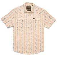 Men's short-sleeve western snap shirt with floral stripe print, dual chest pockets, flat lay view