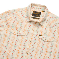 Men's western snap shirt with floral stripe pattern, dual chest pockets, and snap buttons, flat lay view
