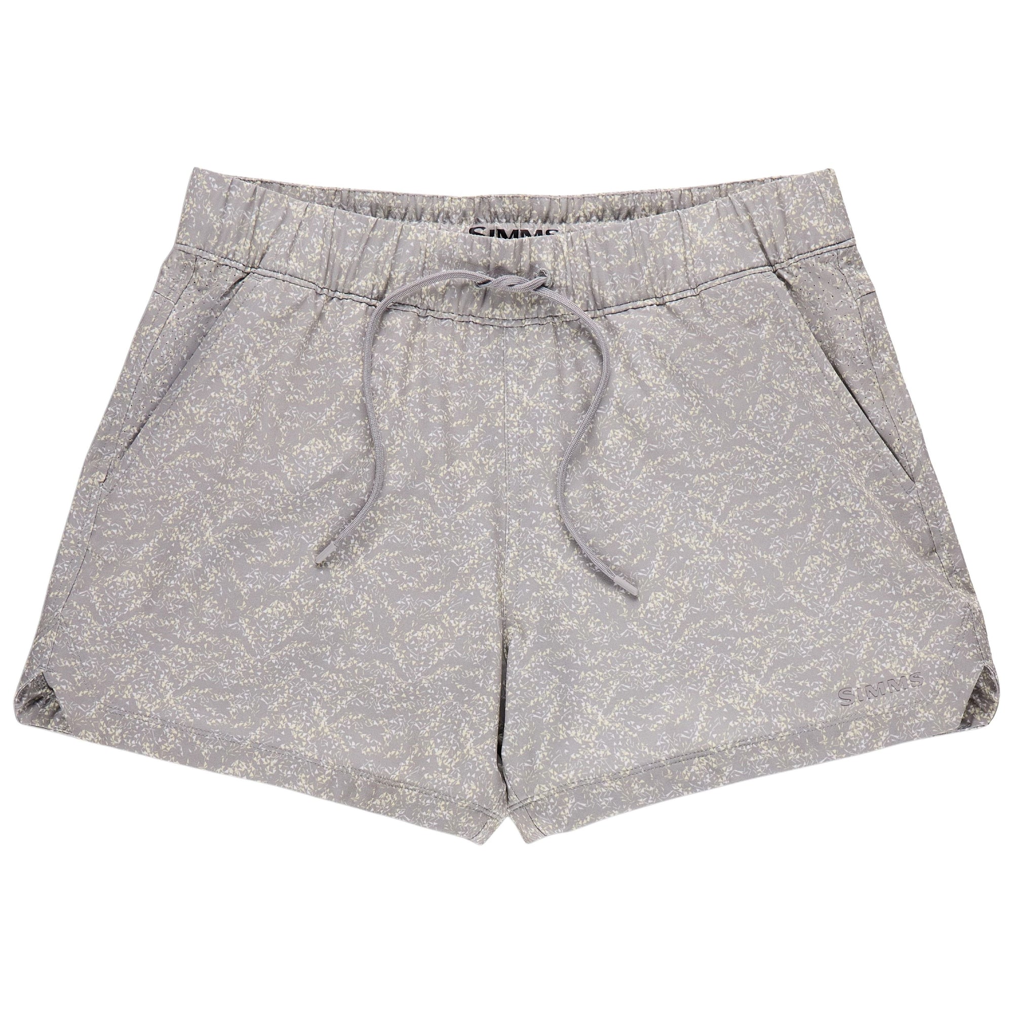 Women's athletic shorts with drawstring waist, elastic waistband, and all-over speckled botanical print, front view