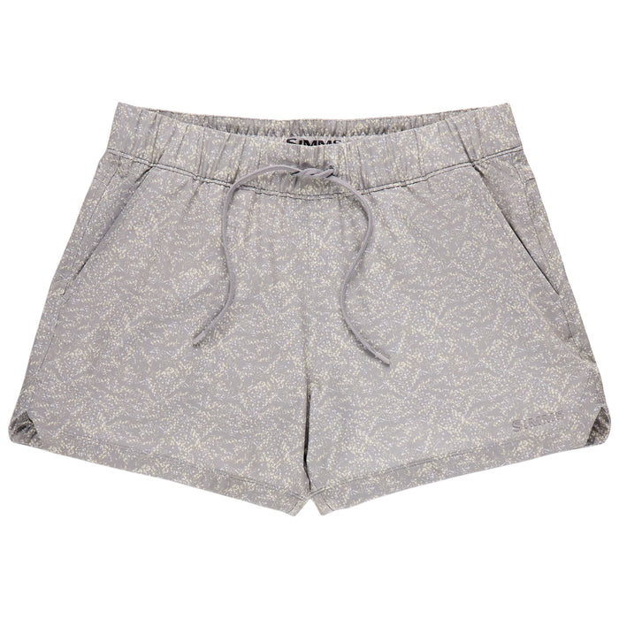 Women's athletic shorts with drawstring waist, elastic waistband, and all-over speckled botanical print, front view