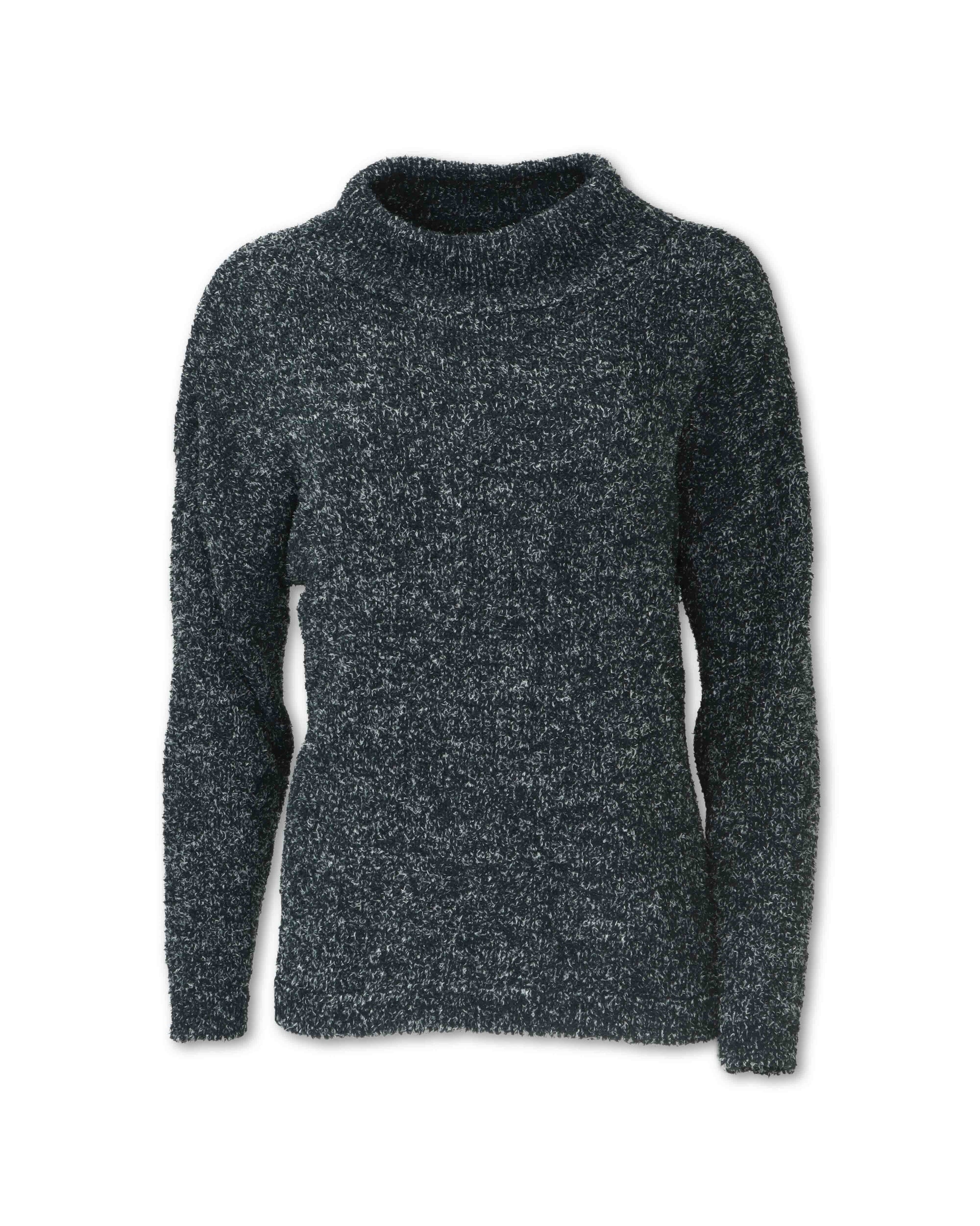 Women's heathered chenille pullover sweater with mock neck and long sleeves, front view