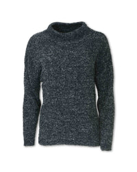 Women's heathered chenille pullover sweater with mock neck and long sleeves, front view
