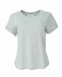 Women's short-sleeve striped knit t-shirt with thin horizontal stripes, front view