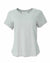 Women's short-sleeve striped knit t-shirt with thin horizontal stripes, front view