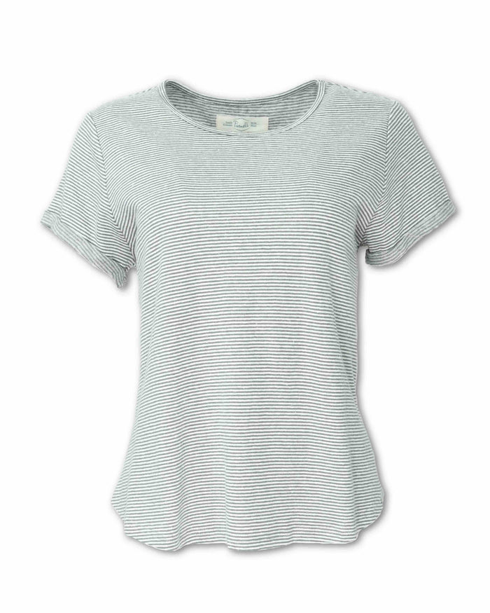 Women's short-sleeve striped knit t-shirt with thin horizontal stripes, front view