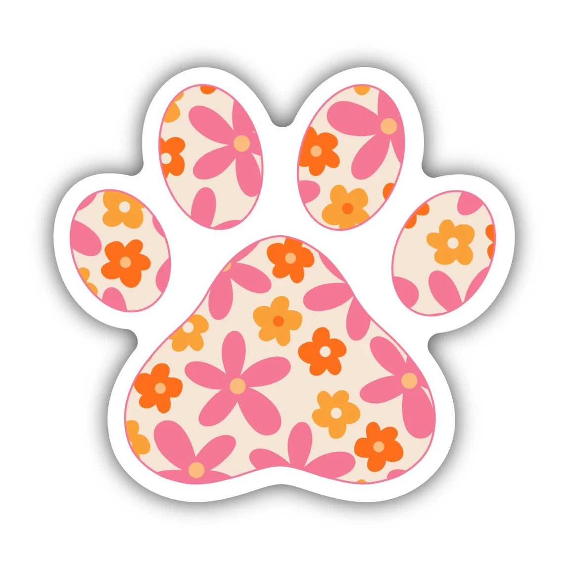 Paw print shaped sticker with pink and orange flower pattern on cream background