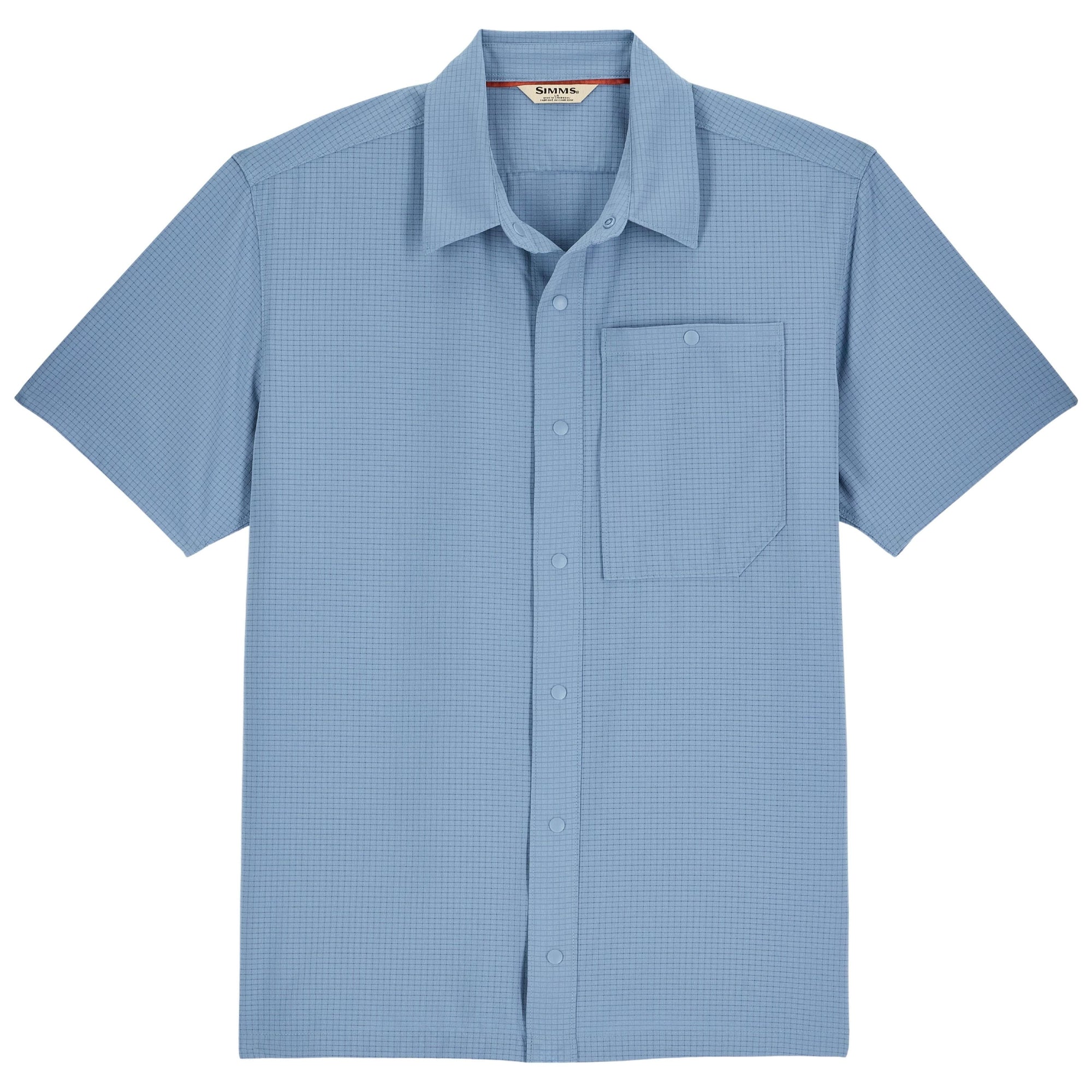 Light blue short sleeve button-up shirt with chest pocket and grid pattern