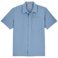 Light blue short sleeve button-up shirt with chest pocket and grid pattern