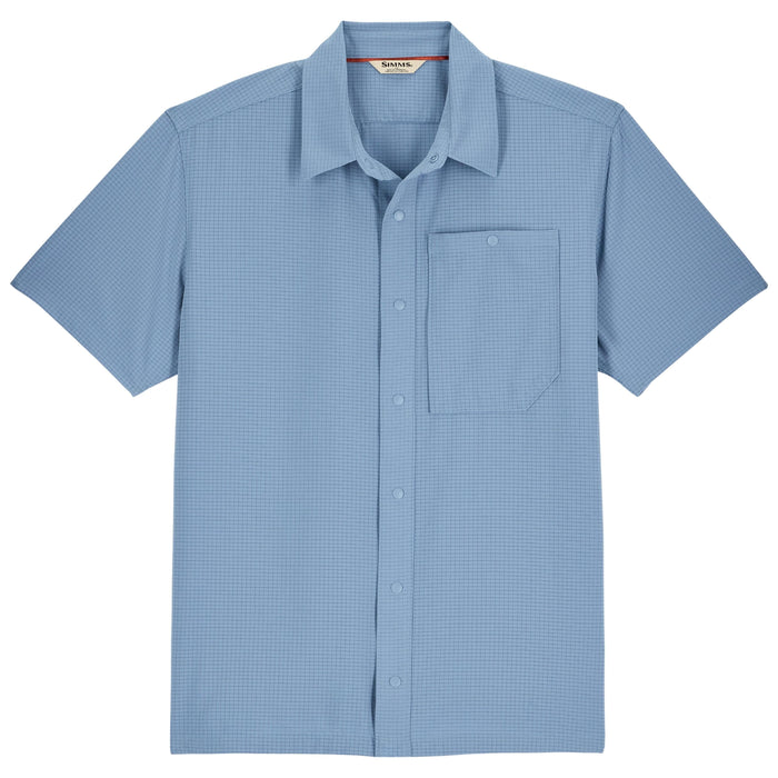 Light blue short sleeve button-up shirt with chest pocket and grid pattern
