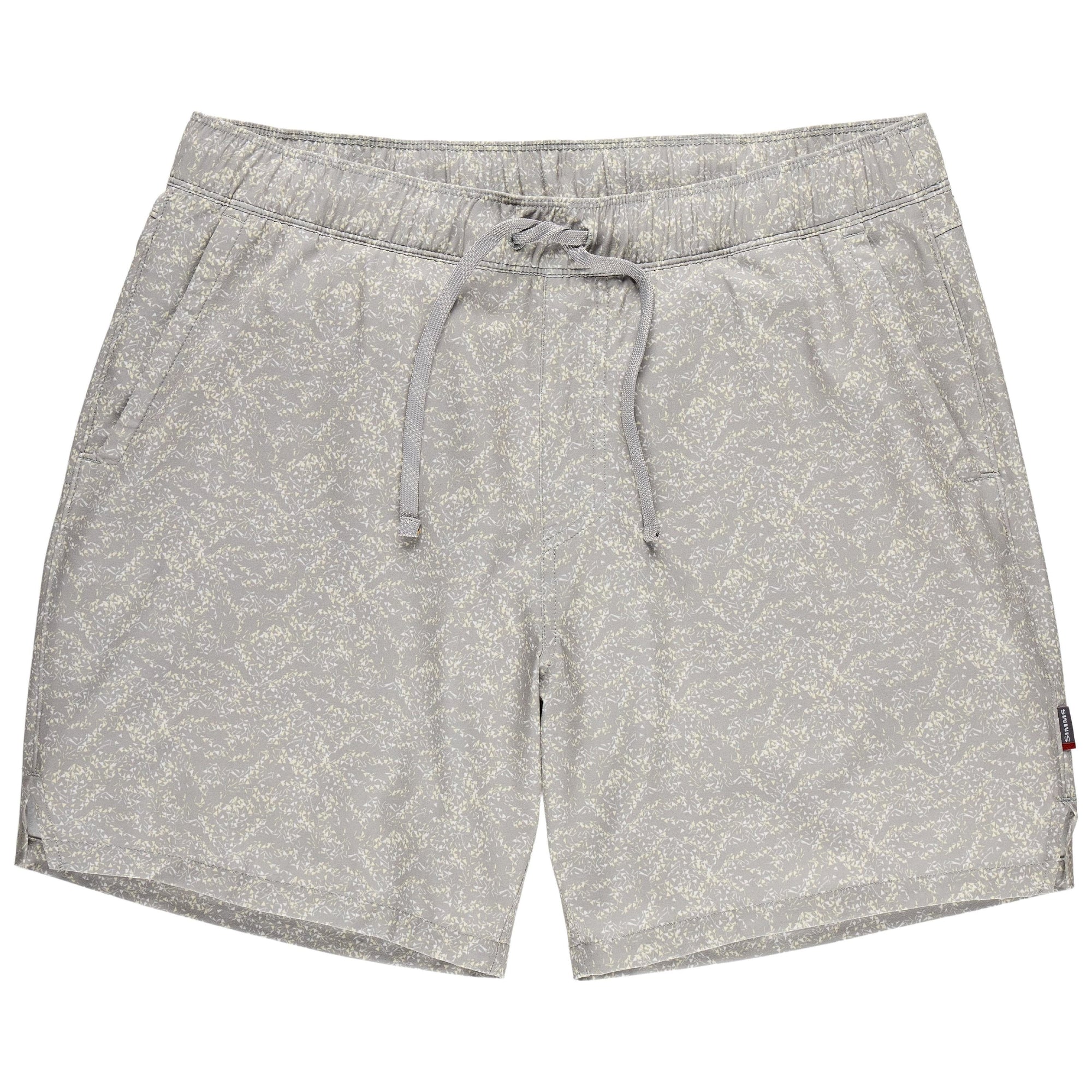 Light gray water shorts with speckled pattern, drawstring waist, front view on white background
