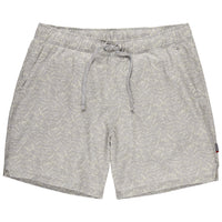 Light gray water shorts with speckled pattern, drawstring waist, front view on white background