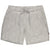 Light gray water shorts with speckled pattern, drawstring waist, front view on white background