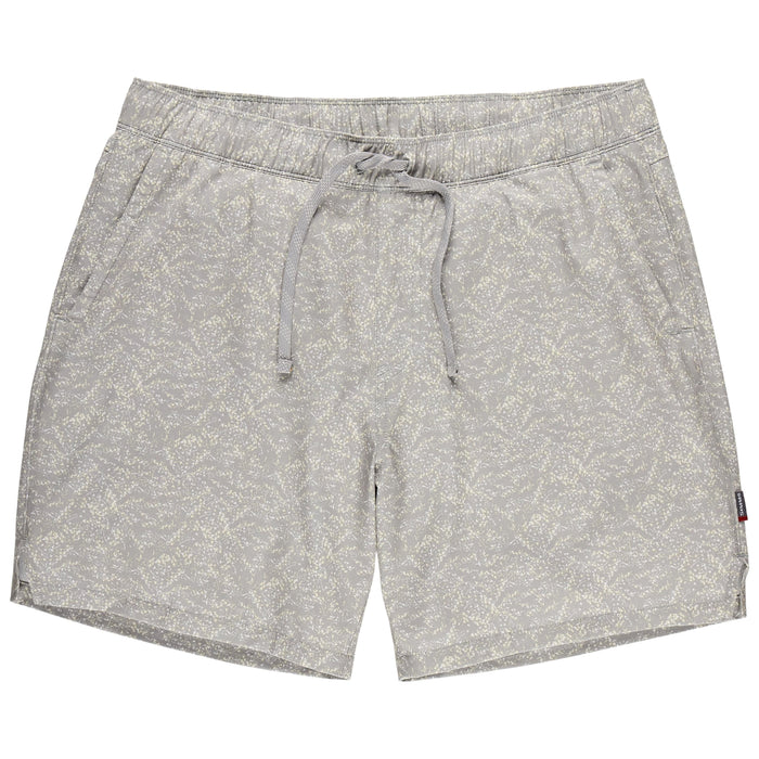Light gray water shorts with speckled pattern, drawstring waist, front view on white background