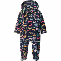 Infant hooded fleece bunting with footed bottom, navy with colorful geometric moon print