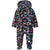Infant hooded fleece bunting with footed bottom, navy with colorful geometric moon print