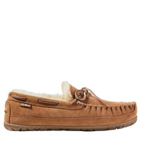 Brown suede moccasin slipper with sherpa lining, lace tie, and rubber sole, side view