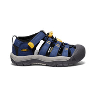 Navy blue sport sandal with yellow accents, gray toe cap and sole, side profile view