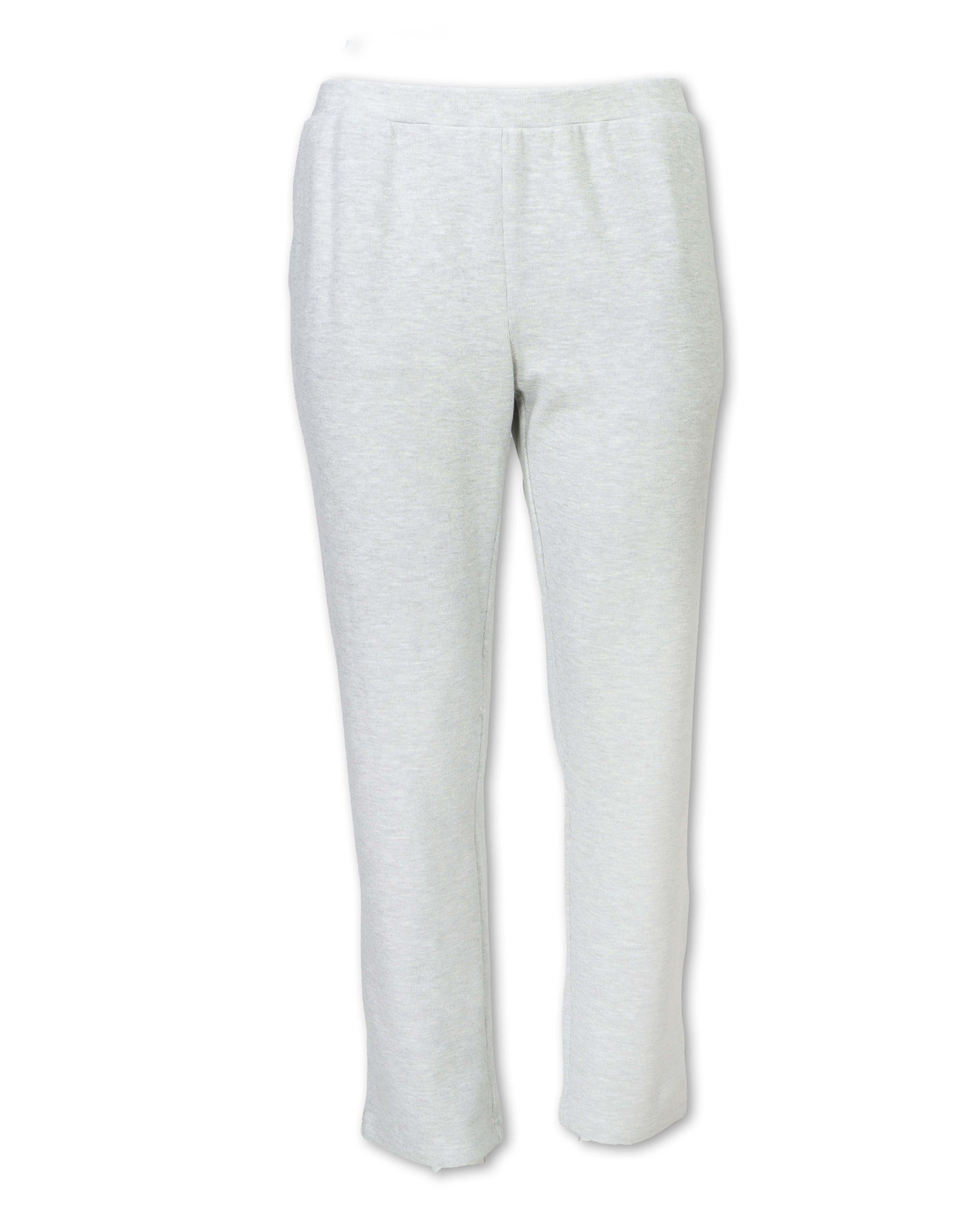 Light grey heathered fleece ankle crop pants with elastic waistband, front view