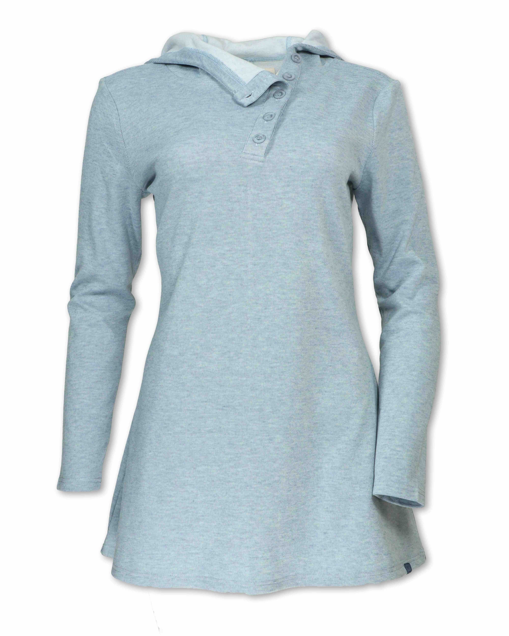 Long-sleeve fleece tunic with hood, button placket neckline, and flared hem, front view