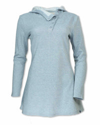 Long-sleeve fleece tunic with hood, button placket neckline, and flared hem, front view