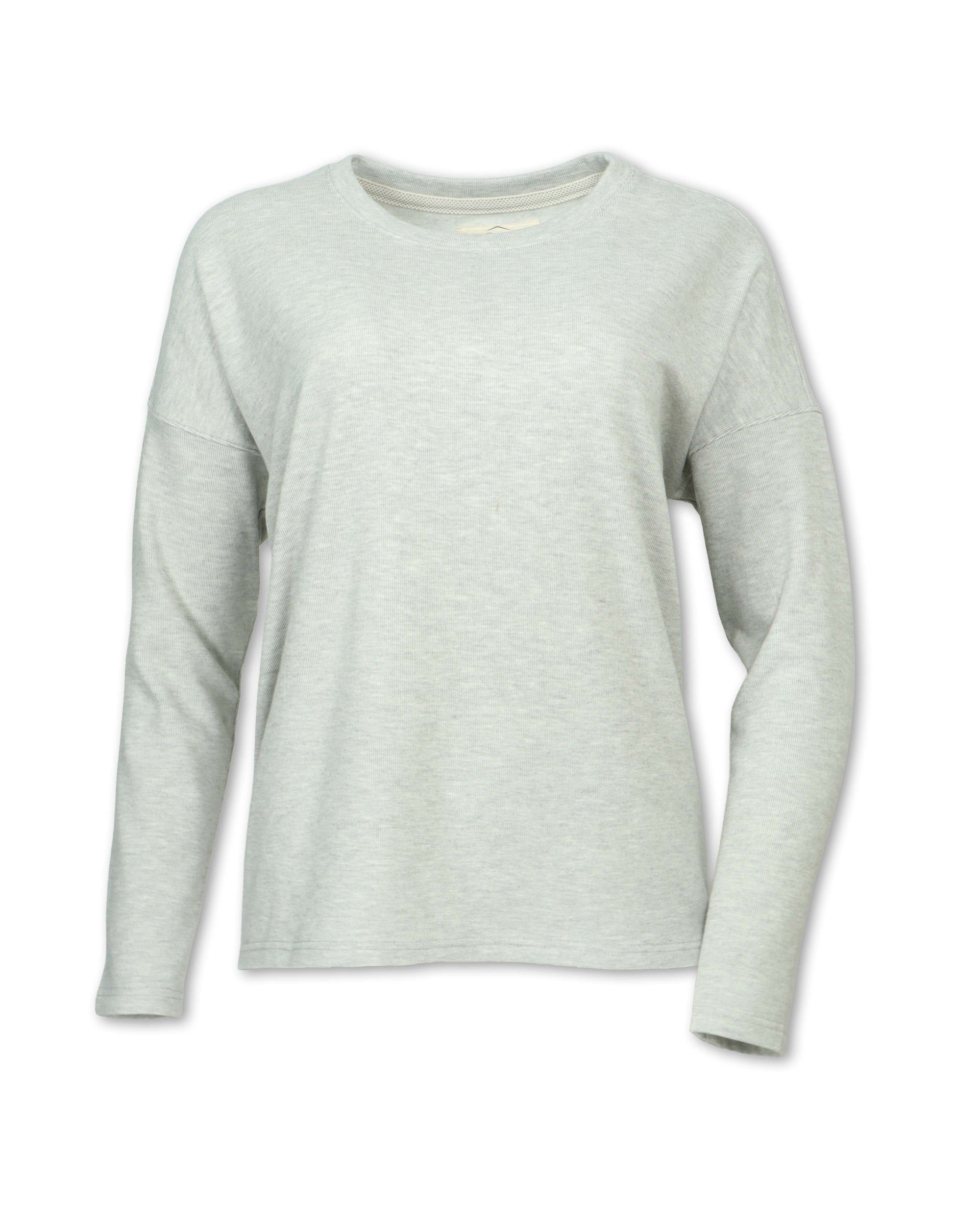 Women's long-sleeve crew neck fleece pullover sweatshirt, front view, relaxed fit