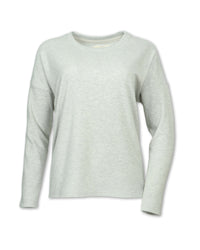 Women's long-sleeve crew neck fleece pullover sweatshirt, front view, relaxed fit