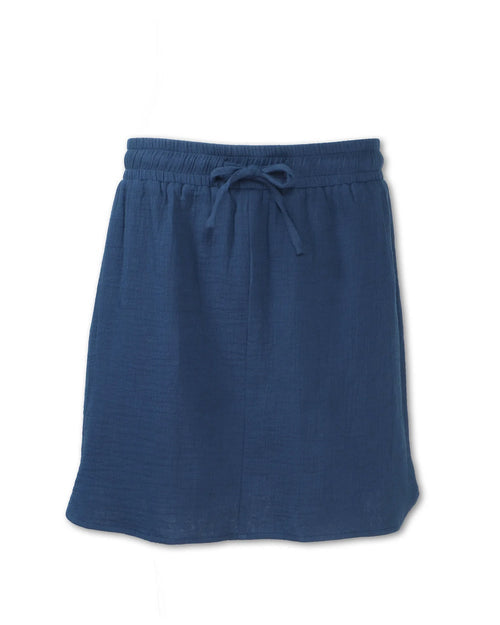 Navy blue gauze skort with elastic waistband and drawstring tie, front view