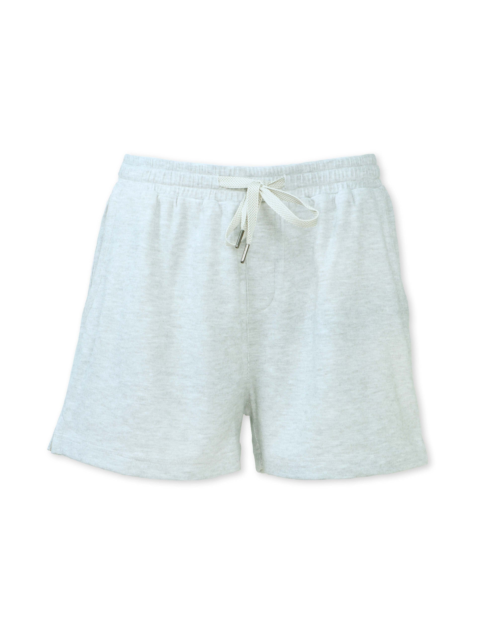 Light grey fleece knit shorts with drawstring waist and elastic waistband, front view