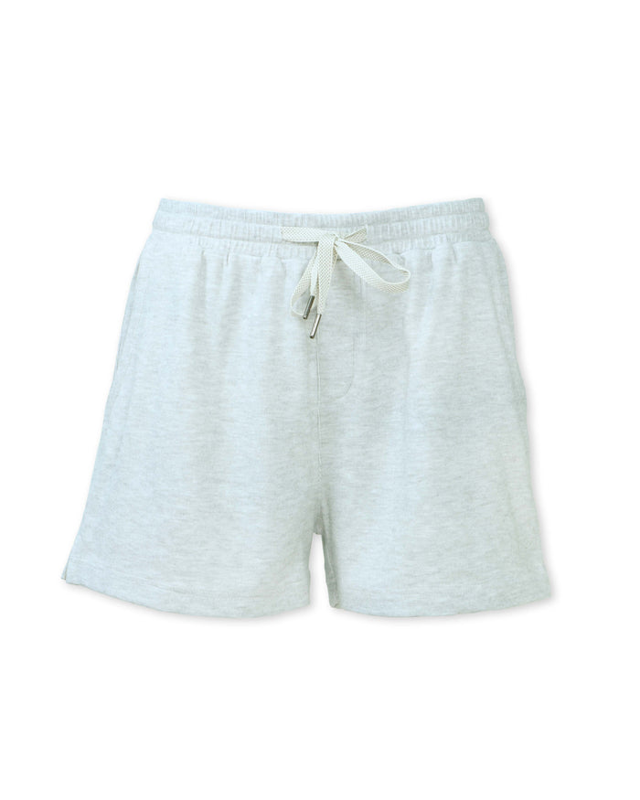 Light grey fleece knit shorts with drawstring waist and elastic waistband, front view