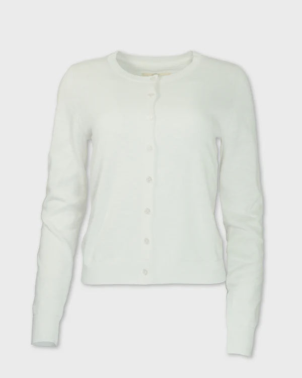 Light green crew neck cardigan with button closure, long sleeves, front view on white background
