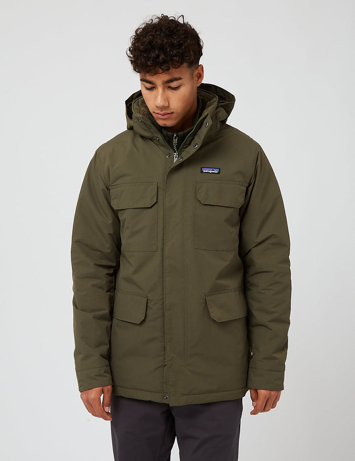 Men's hooded parka with four front pockets, full zip, on male model, front view