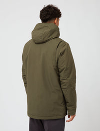 Men's hooded parka in olive green, back view showing hood and relaxed fit