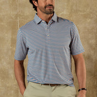 Men's striped polo shirt with blue, coral and white horizontal stripes, front view