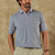 Men's striped polo shirt with blue, coral and white horizontal stripes, front view