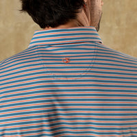 Striped polo shirt back view showing collar and embroidered logo detail