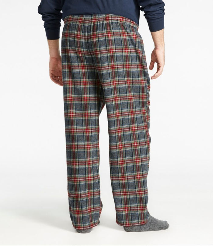 Men's plaid flannel pajama pants in navy tartan pattern, back view, elastic waistband