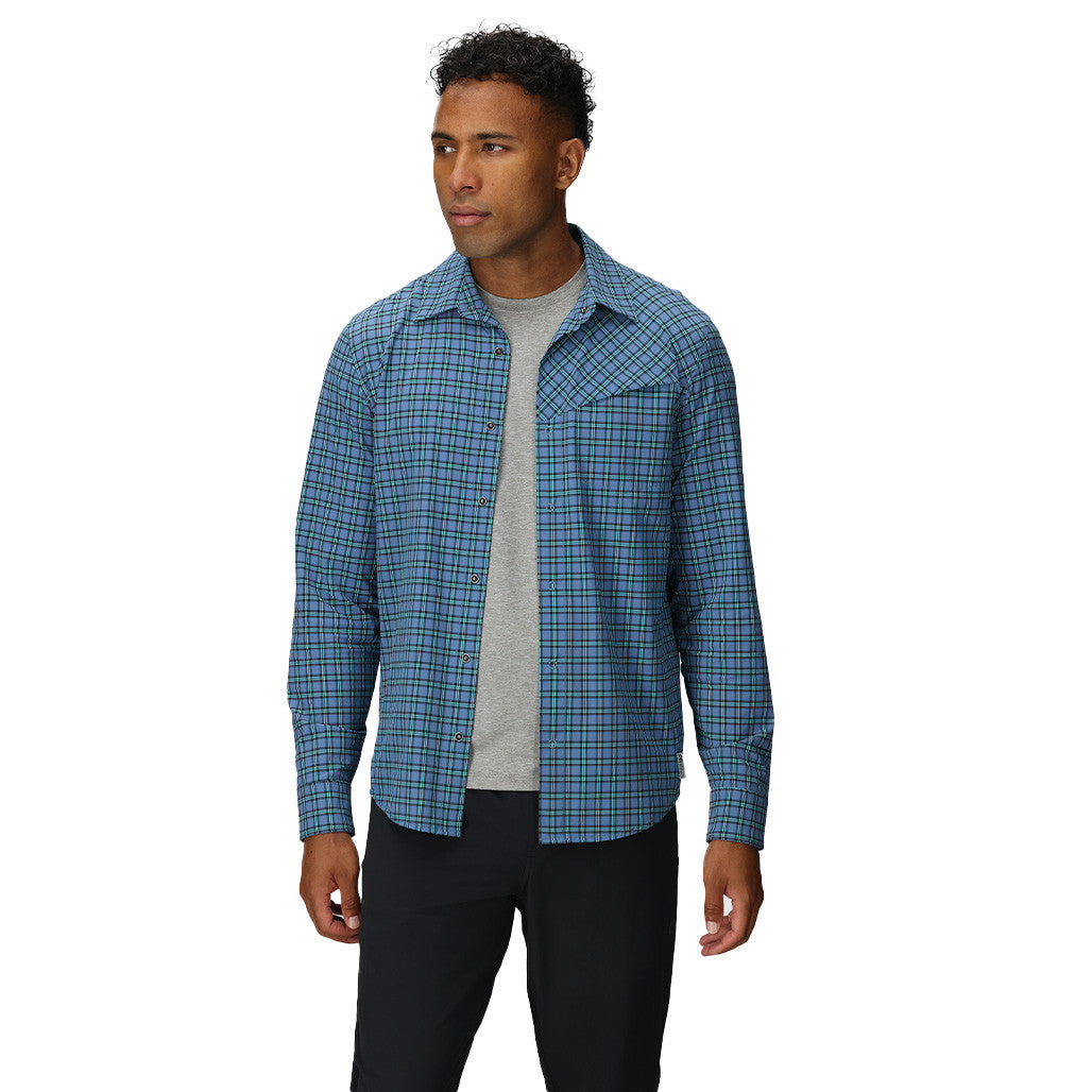 Blue and green plaid long sleeve shirt worn open over gray tee, front view