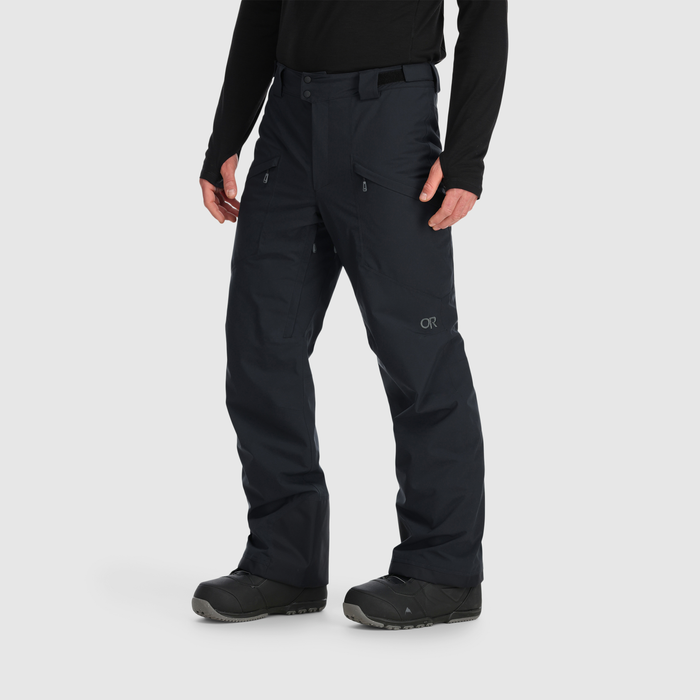 Black insulated snow pants with multiple zip pockets, front on-model view