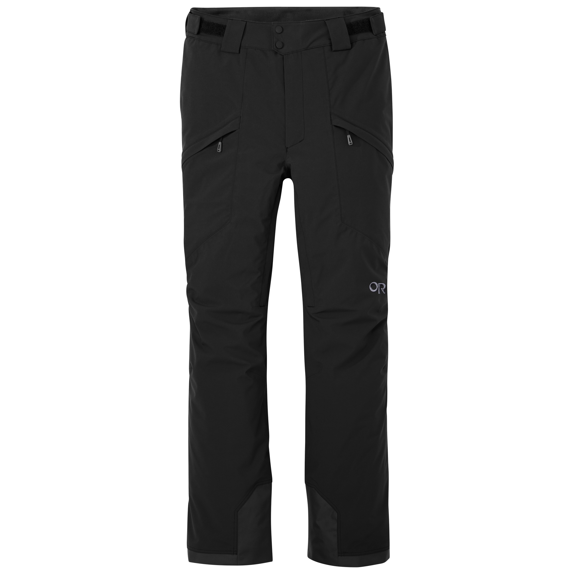 Black men's snow pants with zippered pockets, reinforced cuffs, and belt loops, front view