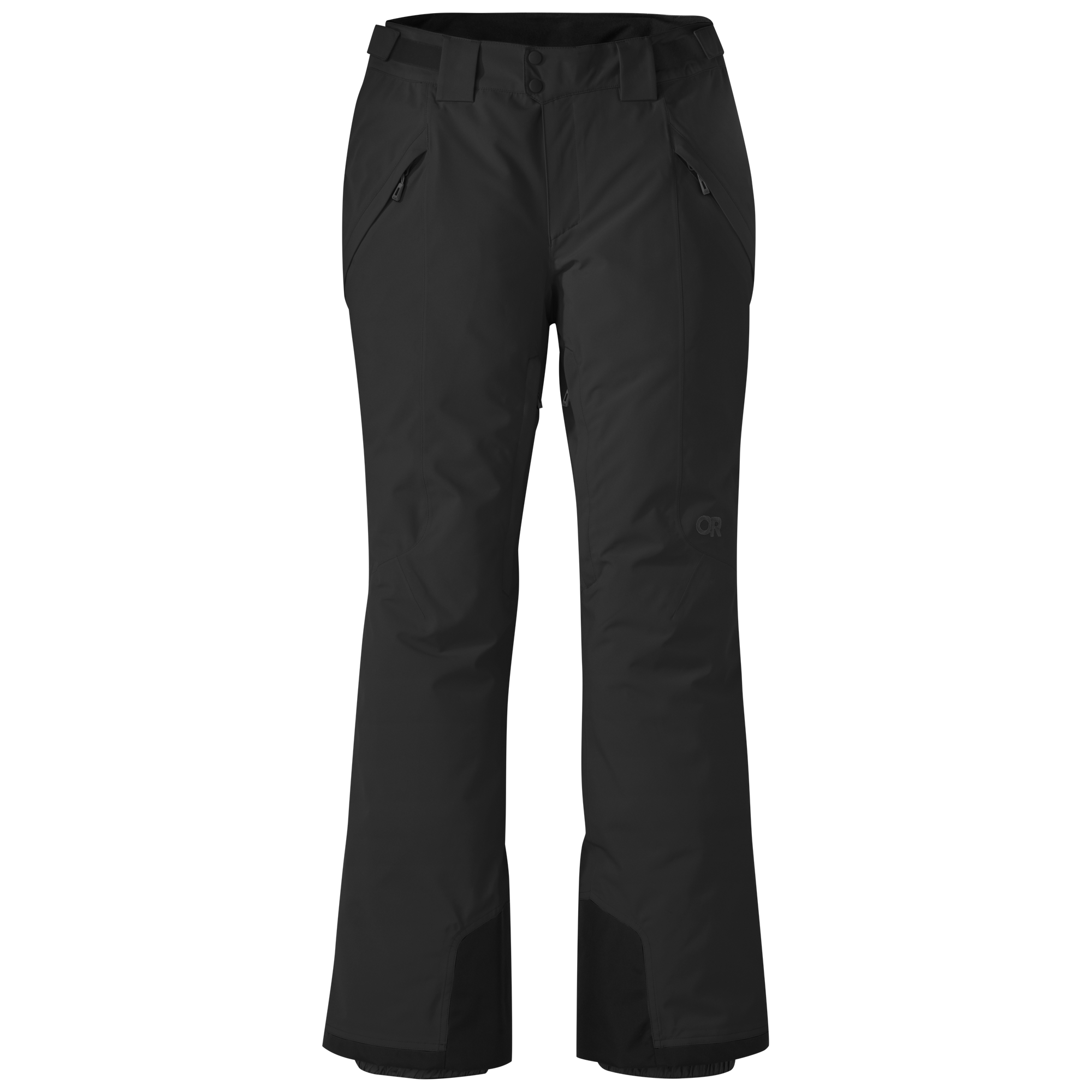 Black insulated snow pants with zippered pockets and articulated knees, front view