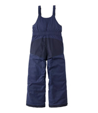 Children's navy blue insulated snow bib overalls with adjustable shoulder straps, back view