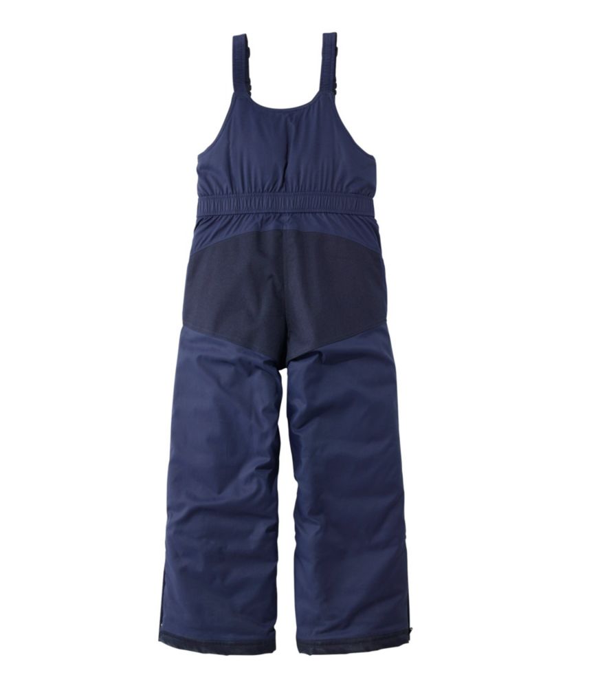 Children's navy blue insulated snow bib overalls with adjustable shoulder straps, back view