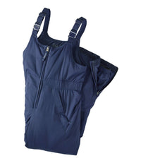 Navy blue kids' insulated bib overalls with adjustable shoulder straps and front zipper, flat lay view