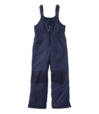 Children's navy insulated snow bib overalls with adjustable straps and reinforced knees, front view