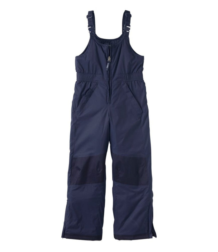 Children's navy insulated snow bib overalls with adjustable straps and reinforced knees, front view